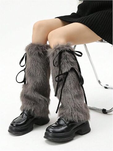 OYOANGLE Women's Faux Fur Fuzzy Bow Leg Warmers Furry Boot Covers Furry Boot Cuffs Kawaii Shoes Cover Socks for Costume in Saudi Arabia
