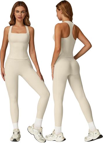 Workout sets for women 2 piece Padded Tank Top and Anti-squat leggings with Pockets gym yoga Outfits in Saudi Arabia