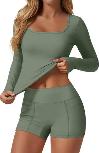 Women Workout Sets 2 Piece Yoga Square Neck Long Sleeve Top Athletic Seamless Short Pockets Sport Gym Run Outfits in Saudi Arabia