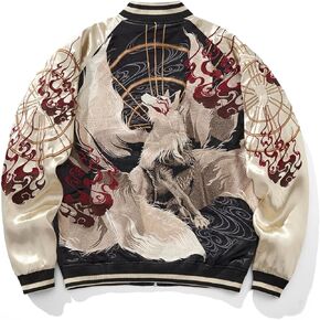 Nine-Tailed Fox Embroidered Bomber Jacket Japanese Streetwear Satin Windbreaker Coat for Women Men in Kuwait