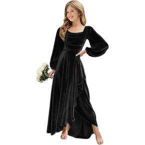 Winter Velvet Junior Bridesmaid Dress Wedding Vintage Square Neck Maxi Gown Lantern Sleeve Slit Christmas Dress in Kuwait