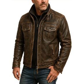 Men’s Distressed Leather Biker Jacket – Removable Double Collar, Premium Lambskin with Quilted Viscose Lining in Saudi Arabia