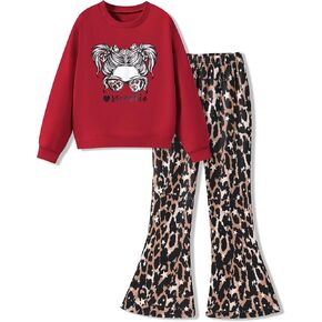 Girls Clothes Outfits Crewneck Cute Print Sweatshirt Top and Leopard Stars Flared Pants in Kuwait