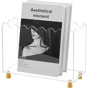 حامل مجلات أكريليك، أرضية رف مجلة، منظم أنيق شفاف مع أقدام معدنية ذهبية فاخرة وتصميم حافة مموجة لتخزين الكتب والصحف واللوازم المكتبية والمكتب المنزلي in Saudi Arabia