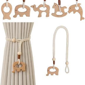 Wooden Animal Curtain Tie Backs- Cotton Rope Tiebacks Window Treatment Holdbacks with Natural Wood Beads for Home Outdoor Room Decor (2Pack, Elephant) in Kuwait
