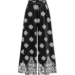 CFLONGE Women Wide Leg Pants Casual High Waist Floral Palazzo Pants for Women Flowy Trendy Lounge Boho Beach Trousers Pockets in Kuwait