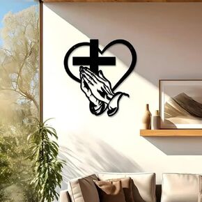 AIOUJI Elegant Metal Christian Heart & Cross Wall Art, Praying Hands Design, Decorative Iron Sculpture for Indoor/Outdoor, Perfect for Living Room, Patio, Office Farmhouse Decor(12in) in Saudi Arabia