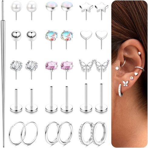 14K Gold Flat Back Push in Stud Earrings Surgical Steel Nose Studs Rings for Women 20G 18G Hoop Cartilage Earrings CZ Lip Labret Threadless Nose Studs Helix Conch Nostril Tragus Piercing Jewelry in Saudi Arabia