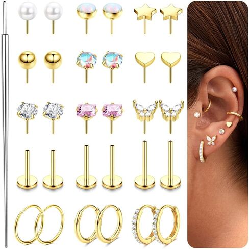 14K Gold Flat Back Push in Stud Earrings Surgical Steel Nose Studs Rings for Women 20G 18G Hoop Cartilage Earrings CZ Lip Labret Threadless Nose Studs Helix Conch Nostril Tragus Piercing Jewelry in Kuwait