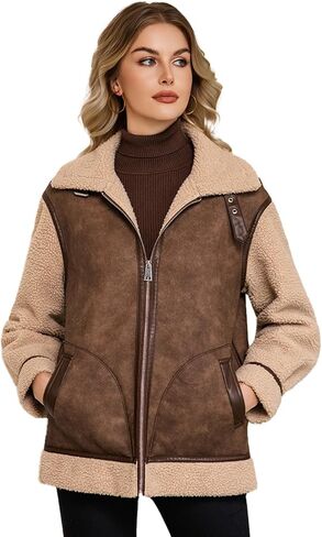 Women Faux Shearing Jacket Patchwork Fur Lined Leather Coat Moto Biker Outwear in Kuwait