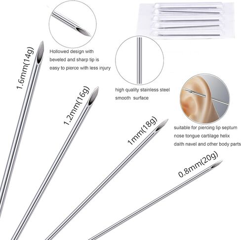 AVYRING طقم ثقب الأذن من الفولاذ المقاوم للصدأ طقم إبرة ثقب الأذن القابل للتصرف مع حلق مسمار الحديد الصناعي 14G 16G 18G 20G إبر التفكيك المشابك للغضروف الزنمة in Kuwait