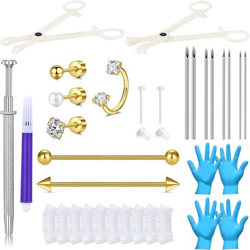 AVYRING طقم ثقب الأذن من الفولاذ المقاوم للصدأ طقم إبرة ثقب الأذن القابل للتصرف مع حلق مسمار الحديد الصناعي 14G 16G 18G 20G إبر التفكيك المشابك للغضروف الزنمة in Kuwait
