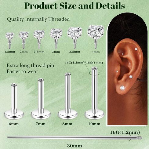 16G 18G 12 قطعة أقراط مسطحة الظهر 316L فولاذ جراحي ملولب داخليًا للنساء Tragus Labret Monroe الغضروف الحلزون محارة ترصيع هيبوالرجينيك مسمار الأنف ثقب المجوهرات in Kuwait