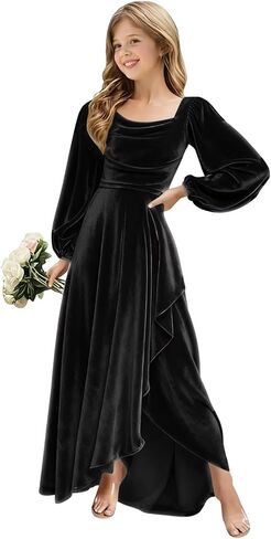 الشتاء المخملية صغار فستان العروسة الزفاف خمر ساحة الرقبة ماكسي ثوب فانوس كم شق فستان عيد الميلاد in Kuwait