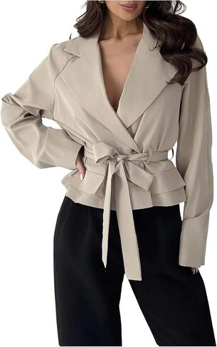 Verdusa Women's Tie Belt Double Breasted Trench Coat Collared Fall Outerwear Old Money Clothes in Saudi Arabia