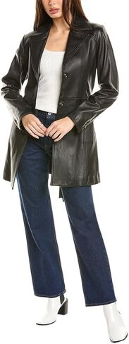 TAHARI Women's Genuine Lambskin Leather Trench Coat with Notch Collar, Button Closure & Tie Belt, Black, Large in Saudi Arabia