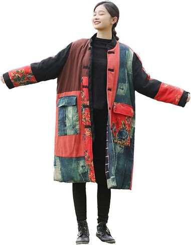 Women's Quilted Trench Coat Jacket Long Cotton Linen Blend Floral Print Outerwear Vintage Patchwork Design in Kuwait