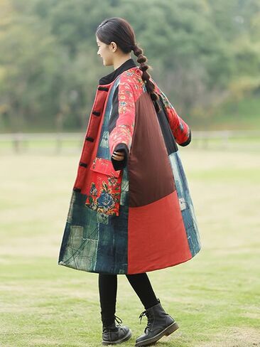 Women's Quilted Trench Coat Jacket Long Cotton Linen Blend Floral Print Outerwear Vintage Patchwork Design in Kuwait