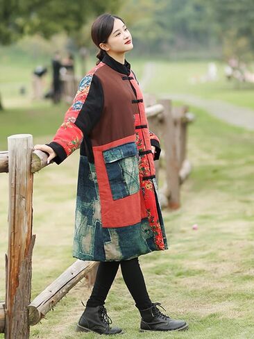 Women's Quilted Trench Coat Jacket Long Cotton Linen Blend Floral Print Outerwear Vintage Patchwork Design in Kuwait