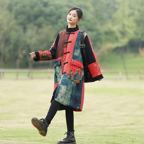 Women's Quilted Trench Coat Jacket Long Cotton Linen Blend Floral Print Outerwear Vintage Patchwork Design in Kuwait