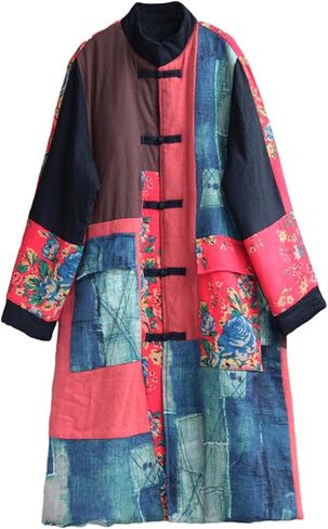 Women's Quilted Trench Coat Jacket Long Cotton Linen Blend Floral Print Outerwear Vintage Patchwork Design in Kuwait
