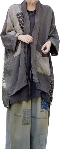 Women's Linen Mid Coat Lightweight Kimono Jacket Open Front Cardigan Patchwork Outwear in Kuwait