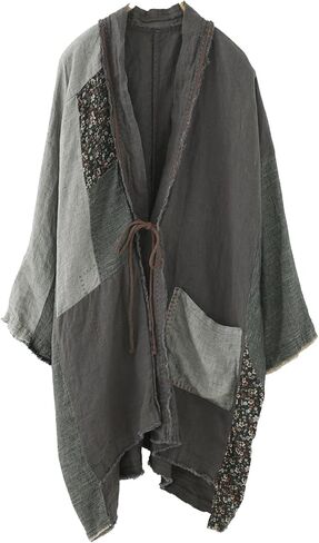 Women's Linen Mid Coat Lightweight Kimono Jacket Open Front Cardigan Patchwork Outwear in Kuwait