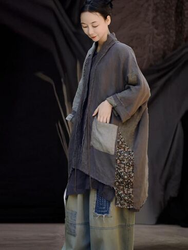 Women's Linen Mid Coat Lightweight Kimono Jacket Open Front Cardigan Patchwork Outwear in Kuwait