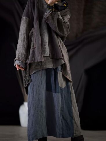 Women's Linen Mid Coat Lightweight Kimono Jacket Open Front Cardigan Patchwork Outwear in Kuwait