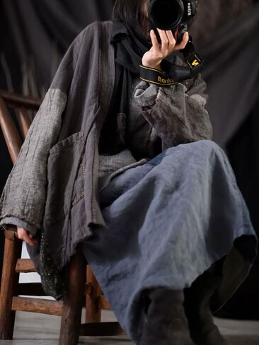 Women's Linen Mid Coat Lightweight Kimono Jacket Open Front Cardigan Patchwork Outwear in Kuwait