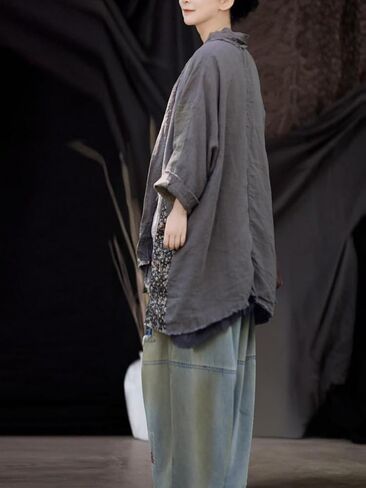 Women's Linen Mid Coat Lightweight Kimono Jacket Open Front Cardigan Patchwork Outwear in Kuwait