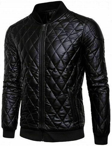 Men's Quilted Leather Bomber Jacket, Black, in Saudi Arabia