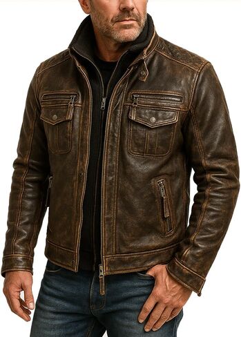 Men’s Distressed Leather Biker Jacket – Removable Double Collar, Premium Lambskin with Quilted Viscose Lining in Saudi Arabia