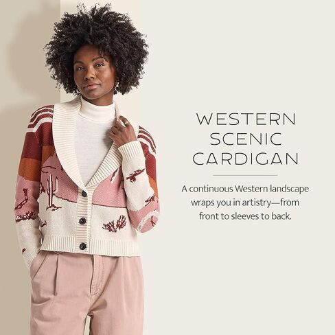 Pendleton Women’s Western Scenic Cardigan - 100% Cotton Knit Sweater Jacket, Ribbed Collar, Washable - Brick/Rose Multi in Saudi Arabia