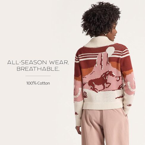 Pendleton Women’s Western Scenic Cardigan - 100% Cotton Knit Sweater Jacket, Ribbed Collar, Washable - Brick/Rose Multi in Saudi Arabia