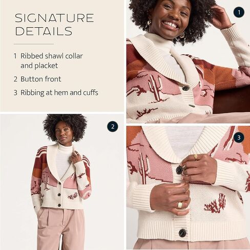 Pendleton Women’s Western Scenic Cardigan - 100% Cotton Knit Sweater Jacket, Ribbed Collar, Washable - Brick/Rose Multi in Saudi Arabia