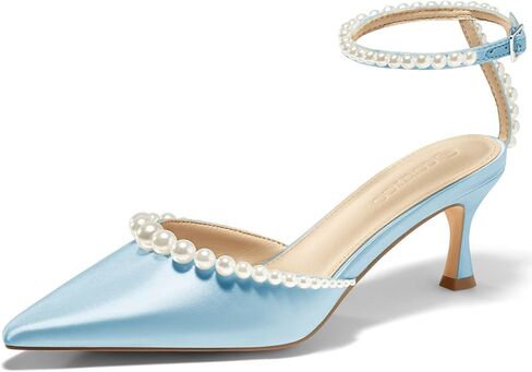 Coutgo Womens Pearl Kitten Heels Closed Pointed Toe Wedding Bride Dress Shoes Ankle Strap Satin Pumps in Kuwait