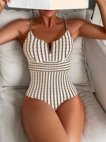 Women's High Stretch Striped One Piece Swimsuit Spaghetti Strap Monokini for Beach & Vacation in Saudi Arabia