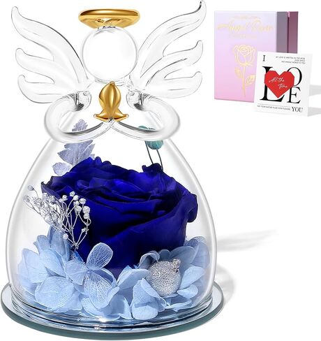 Blue Valentines Day Rose Gifts for Her, Preserved Rose in Glass Dome Angel Figurine Birthday Gift for Women, Valentines Angel Mothers Day Rose Gift for Mom Grandma in Saudi Arabia