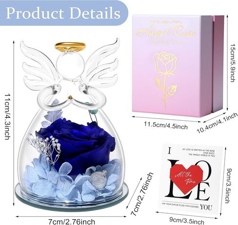 Blue Valentines Day Rose Gifts for Her, Preserved Rose in Glass Dome Angel Figurine Birthday Gift for Women, Valentines Angel Mothers Day Rose Gift for Mom Grandma in Saudi Arabia