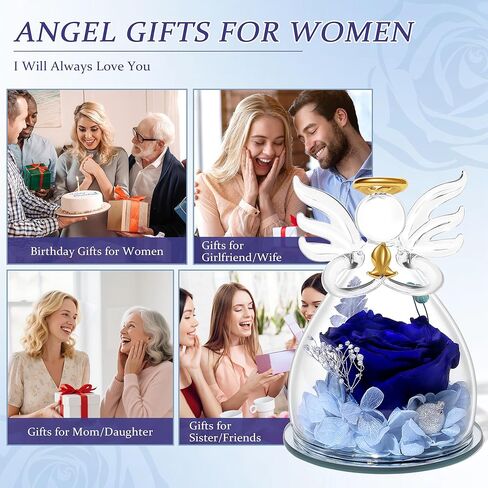 Blue Valentines Day Rose Gifts for Her, Preserved Rose in Glass Dome Angel Figurine Birthday Gift for Women, Valentines Angel Mothers Day Rose Gift for Mom Grandma in Saudi Arabia