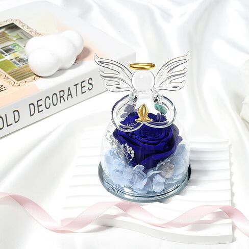 Blue Valentines Day Rose Gifts for Her, Preserved Rose in Glass Dome Angel Figurine Birthday Gift for Women, Valentines Angel Mothers Day Rose Gift for Mom Grandma in Saudi Arabia