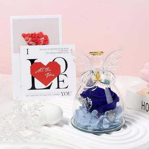 Blue Valentines Day Rose Gifts for Her, Preserved Rose in Glass Dome Angel Figurine Birthday Gift for Women, Valentines Angel Mothers Day Rose Gift for Mom Grandma in Saudi Arabia