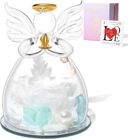 Blue Valentines Day Rose Gifts for Her, Preserved Rose in Glass Dome Angel Figurine Birthday Gift for Women, Valentines Angel Mothers Day Rose Gift for Mom Grandma in Saudi Arabia