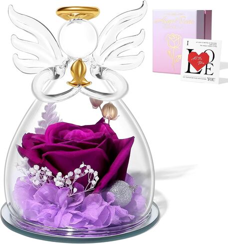 Blue Valentines Day Rose Gifts for Her, Preserved Rose in Glass Dome Angel Figurine Birthday Gift for Women, Valentines Angel Mothers Day Rose Gift for Mom Grandma in Saudi Arabia