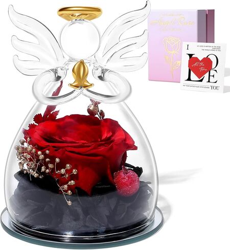 Blue Valentines Day Rose Gifts for Her, Preserved Rose in Glass Dome Angel Figurine Birthday Gift for Women, Valentines Angel Mothers Day Rose Gift for Mom Grandma in Saudi Arabia