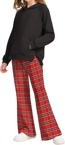 AMAWMW Girls Clothes Fashion Outfits 2 Piece Long Sleeve Hoodie Sweatshirt and Plaid Flare Pants Girls' Clothing Sets in Saudi Arabia