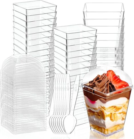 50Pack 5oz Plastic Dessert Cups with Lids and Spoons, Square Clear Parfait Appetizer Cups, Mini Reusable Shooter Serving Cups, Party Dessert Shot Glasses for Tasting in Saudi Arabia