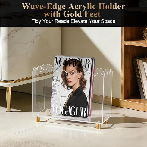Acrylic Magazine Holder,Magazine Rack Floor,Crystal Clear Stylish Organizer with Luxe Gold Metal Feet and Wave Edge Design Space Saving Storage for Books Newspapers Office Supplies,Home Office in Saudi Arabia