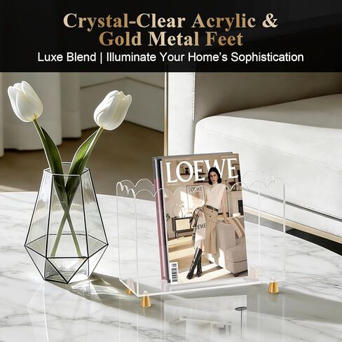 Acrylic Magazine Holder,Magazine Rack Floor,Crystal Clear Stylish Organizer with Luxe Gold Metal Feet and Wave Edge Design Space Saving Storage for Books Newspapers Office Supplies,Home Office in Saudi Arabia